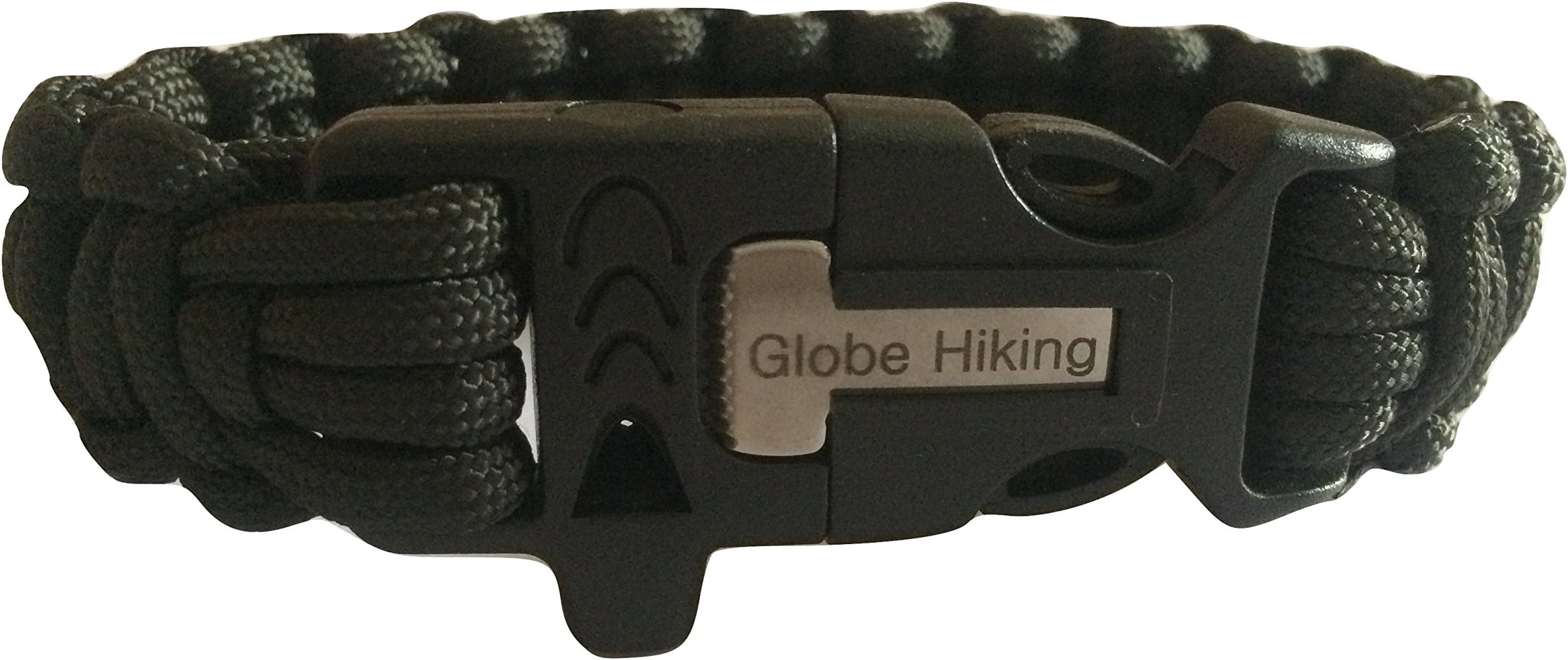 Globe Hiking Paracord Thick Strap Bracelet Kit With Buckle Clip, Whistle, Metal Firestarter Flint & Knife For Men & Women (Black)