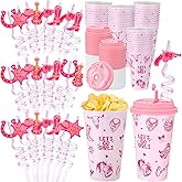 Yungyan 16 Sets Pink Cowgirl Party Favors Goodie Cups with Lids and Straws for Halloween Party Decorations Reusable 16oz Plastic Candy Cups Plastic Straws for Birthday Gift(Pink Cowgirl)