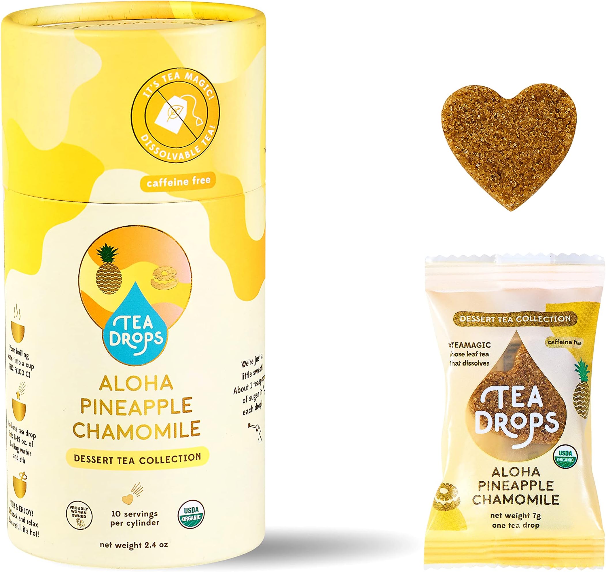 Sweetened Organic Loose Leaf Tea | Caffeine Free Aloha Pineapple Chamomile Tea | 10 Servings of Decadent Dessert Teas Without the Calories | Delicious Hot or Iced | By Tea Drops