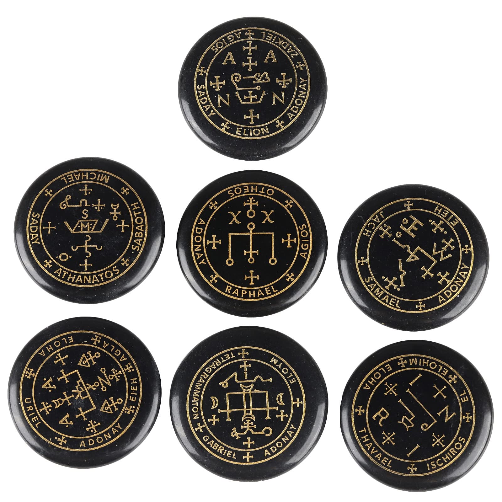 mookaitedecor 7pcs Black Agate Crystals Healing Crystal Grid Set with Engraved Magic Archangel Sigils Symbols for Meditation Pocket Palm Stones Spiritual Crystal Set Witchcraft Witch Gifts Decor