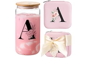AYGXU glass cups with lids and straws,bridesmaid proposal gifts,Initia glass cups,Travel Must Have Jewelry Box,iced coffee cups,Travel Gifts for Women Girls,Birthday Gifts,Initial A pink