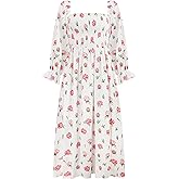 R.Vivimos Summer Dress for Women Long Sleeve Casual Plaid Print Smocked Off Shoulder A-Line Midi Dress