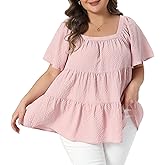 Agnes Orinda Plus Size Summer Tops for Women Square Neck Short Sleeve Babydoll Loose Flowy Swing Peplum Blouses