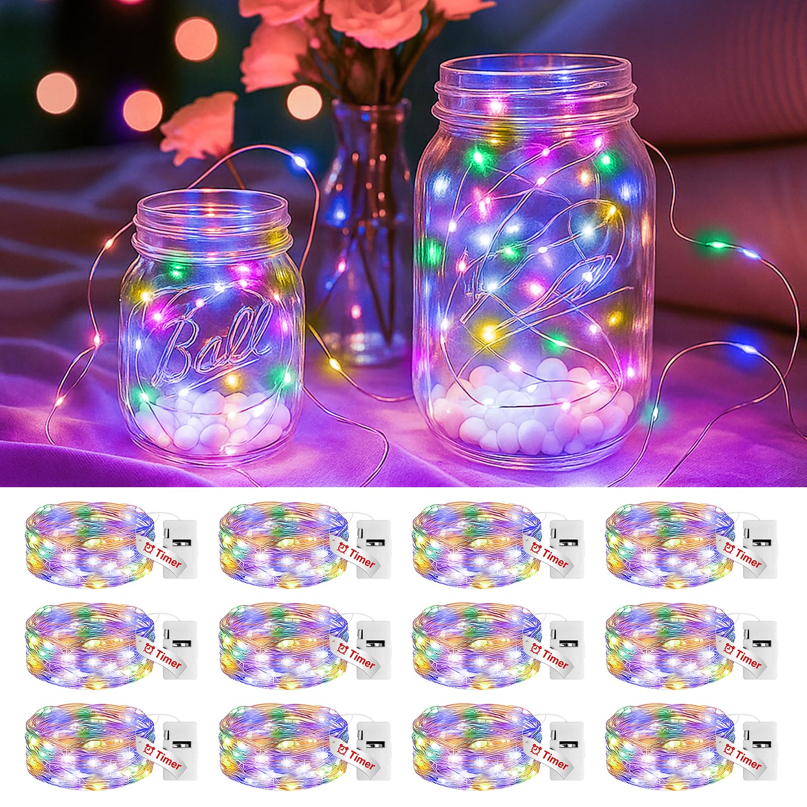 Photo 1 of ***MISSING PARTS***
litogo 12 Pack Multi-Colored Fairy Lights Battery Operated with Timer, 20 LED 3 Modes Twinkle Light, 7ft Waterproof Silver Wire Mini Small Bulk Mason Jar String Light, Decor for Wedding Christmas