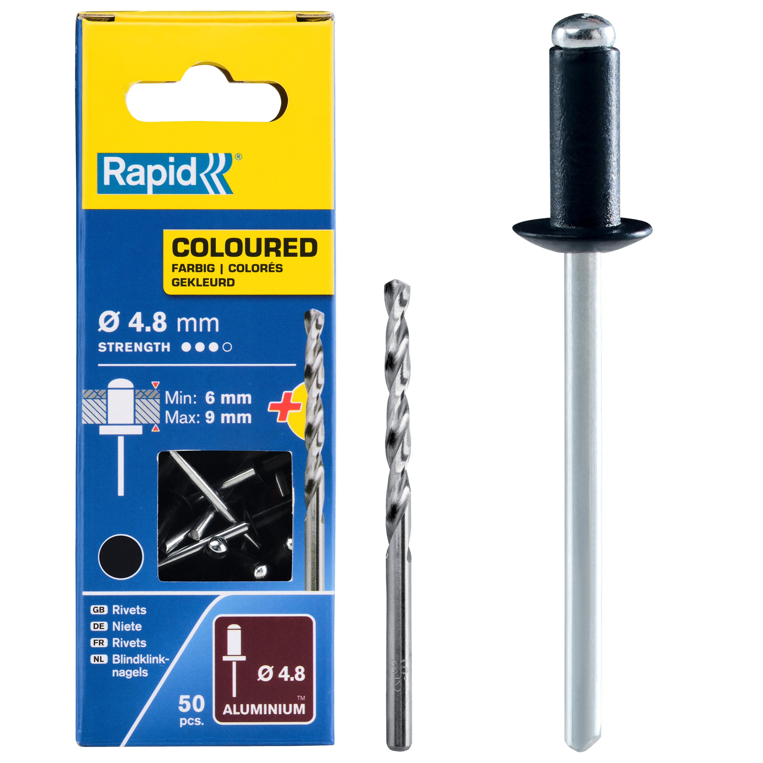 Rapid High Performance Black Aluminium Rivets, Ø4.8 x 12 mm - 4mm Rivets for Gutters, Piping, and Sheet Metal - Includes Drill - 50 Pieces, Carton Boxed (5001471)
