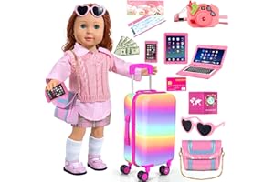 WONDOLL 18-inch-Doll-Clothes and Accessories - Doll-Travel-Suitcase Luggage, Doll-Clothes and Shoes, Bag, Sunglasses, Camera, Passport, Notebook, Phone, Pad Doll Travel Gear Play Set Fit 18 inch Doll