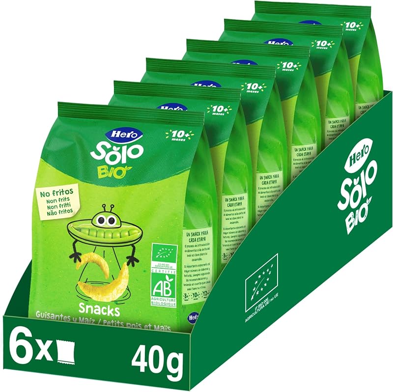 Hero baby - lanche de ervilha e milho, 100% eco, bio, com ingredientes da agricultura biológica e da ue, não frito, adequado para bebés a partir dos 10 meses - embalagem de 6 x 40 g