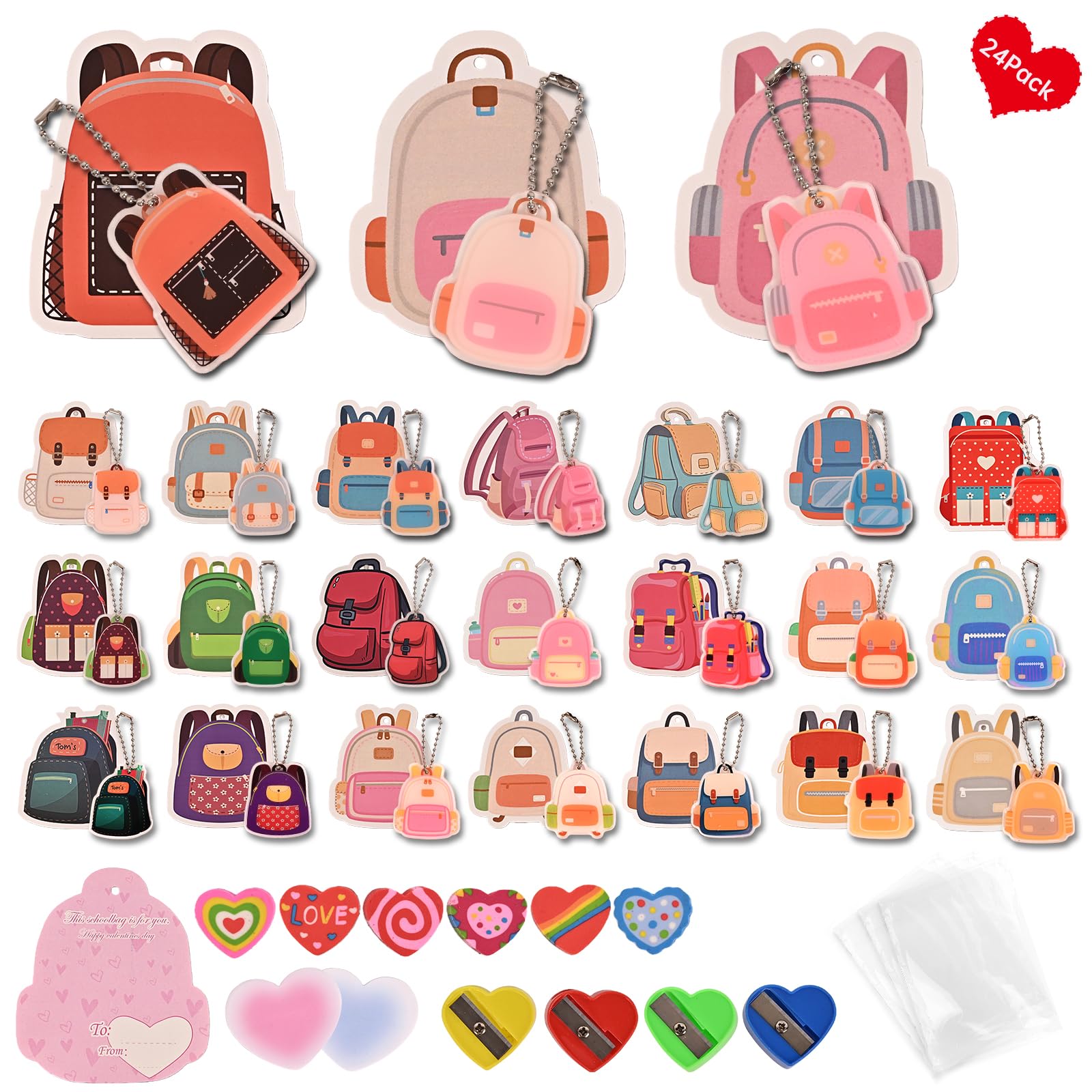 Eossth 24 Pack Valentines Day Gifts for Kids Classroom,with Greeting Card,Keychain,Post-it notes,Eraser,Pencil Sharpener,Packaging bag,Party Favor for School Gift Exchange