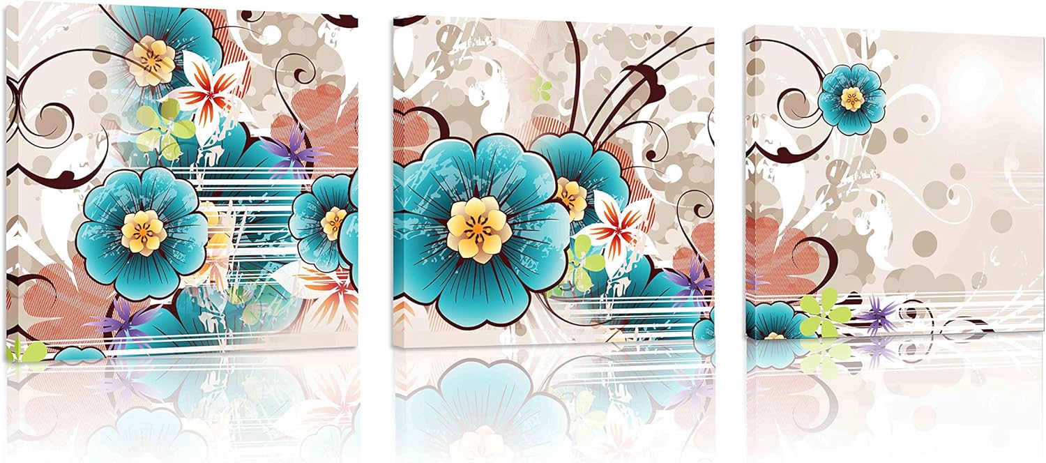 Natural art Blue Flowers Canvas Artwork for Home Decor Flowers Posters and Prints Framed for Living Room Office Bar Wall Decor 12x12Inchx3Panels