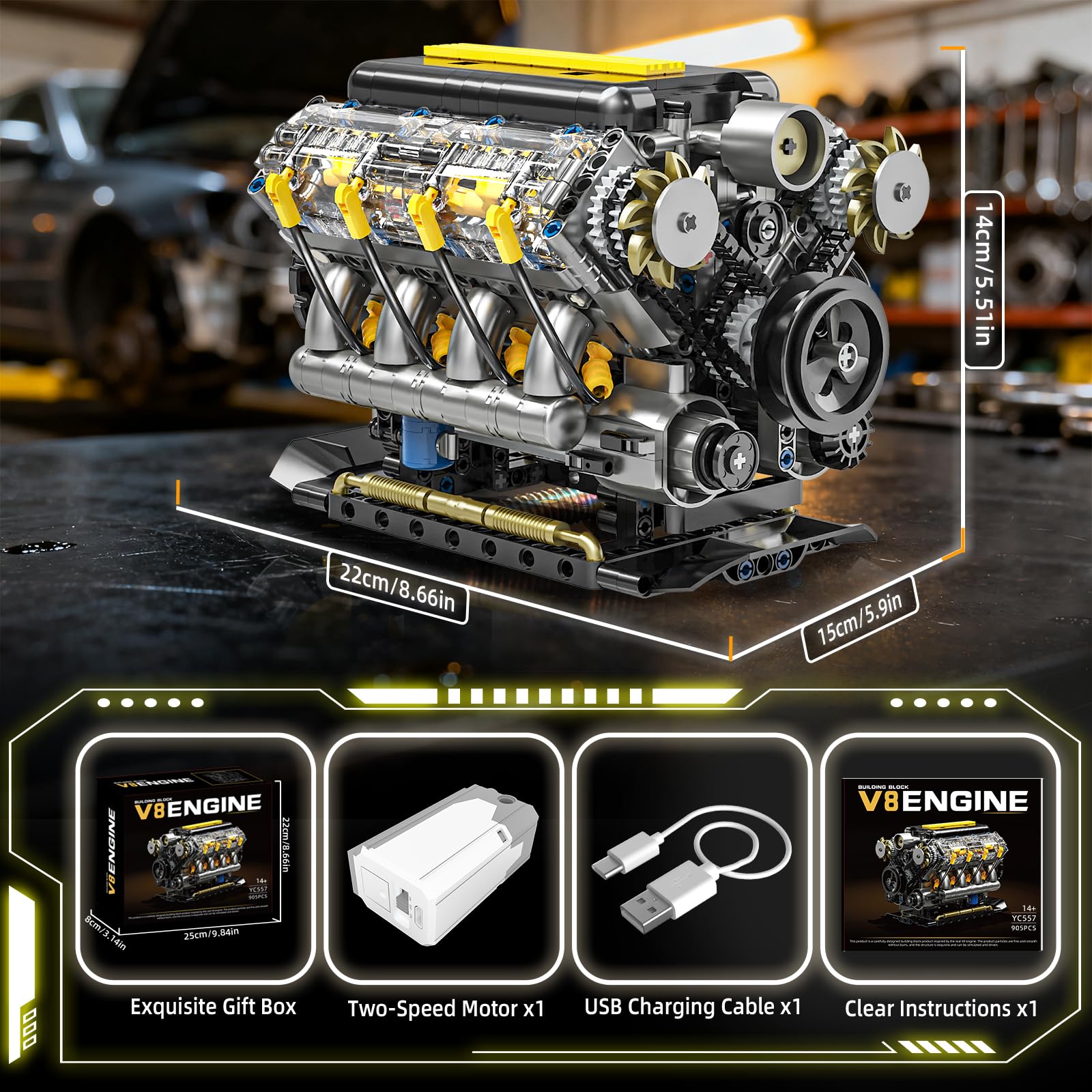 Technik V8 Motor Bausatz Bausteine Klemmbausteine, Ideas Mini V8 Eigene Modellbausatz für Erwachsene, Kompatibel mit Lego Set, STEM Spielzeug Geschenk für Auto Fans und Jungen ab 14 Jahren (905 Teile) 8