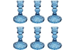 Showin Glass Candlestick Holders Set of 6, Blue Stripe Taper Candle Holders for Table Centerpiece, Home Decorations, Valentine Day, Wedding and Party