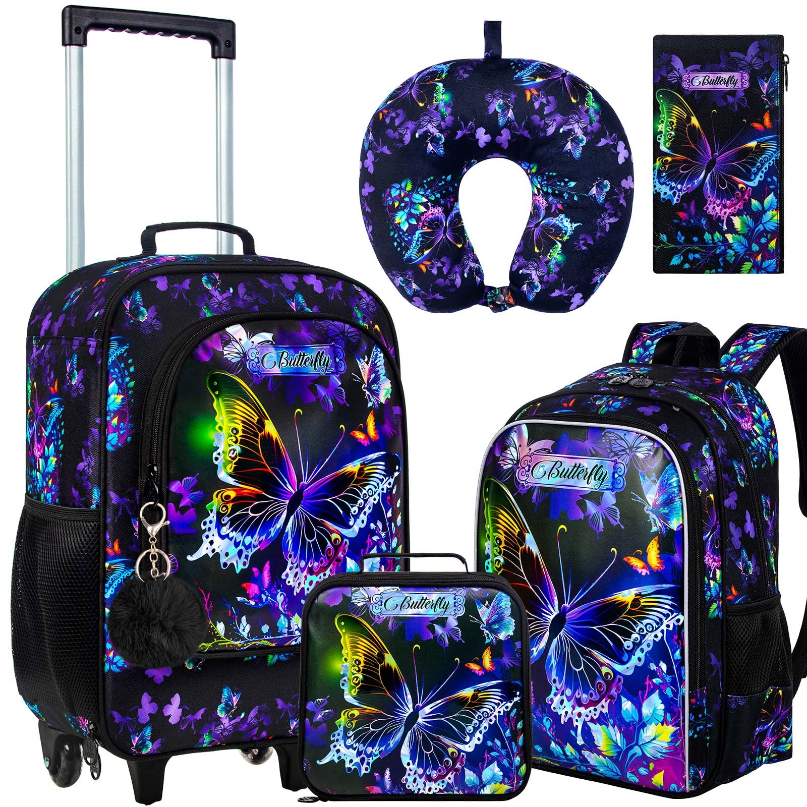 View 1 of 18" Kids Suitcase for Girls, 5Pcs Carry on Luggage With Wheels, Butterfly Suitcases for Toddler Children(Black)