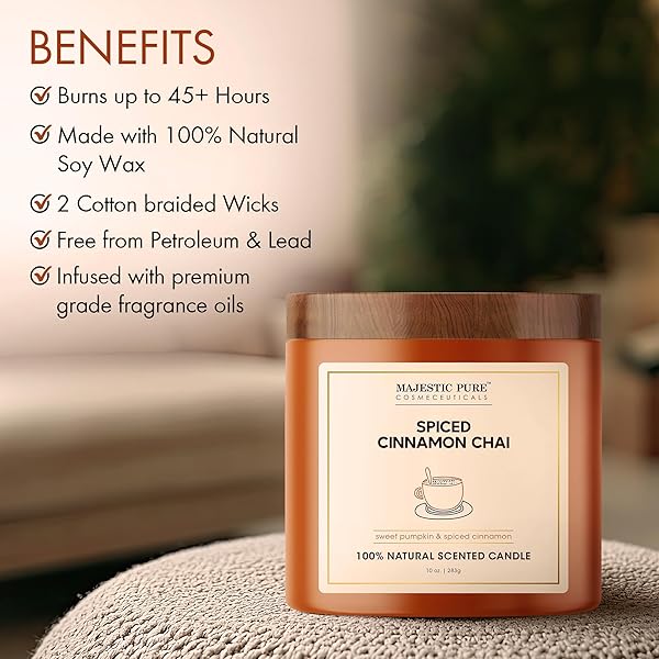 MAJESTIC PURE PUMPKIN CINNAMON SCENTED CANDLE WITH UPTO 45+ HRS BURN TIME, 2-WICK CANDLE, SOY WAX BLEND FOR CLEANER CONSISTENT BURN, 10 OZ JAR CANDLE WITH ROOM FILLING FRAGRANCE, SPICED CHAI