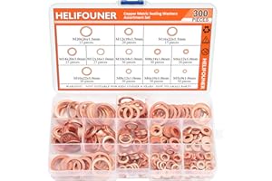 Copper Washer Assortment Set, HELIFOUNER 300 Pieces 12 Sizes Copper Metric Sealing Washers Kit