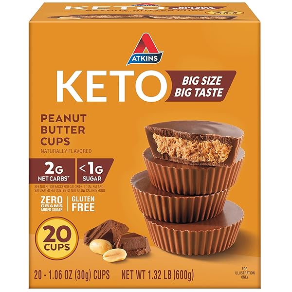 ATKINS KETO PEANUT BUTTER CUPS, NATURALLY FLAVORED, ZERO GRAMS ADDED SUGAR, GLUTEN FREE, 20 COUNT