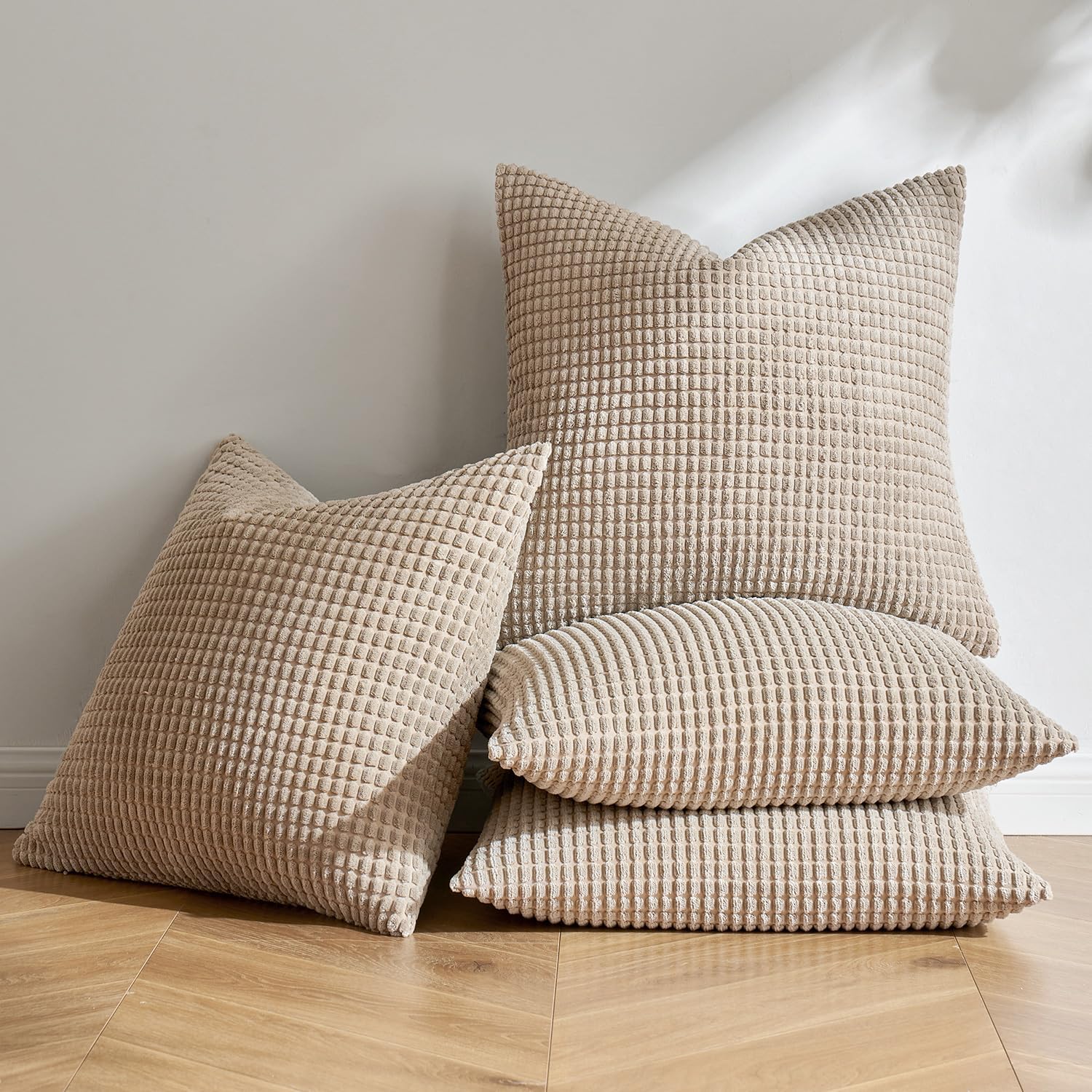 MIULEE Cushion Covers Striped Corduroy Fabric Square Throw Pillow Cover Decorative Pillowcases with Invisible Zipper for Sofa Chair Couch Bedroom 20x20 inch 50x50 cm 4 Pieces Sand — image 1