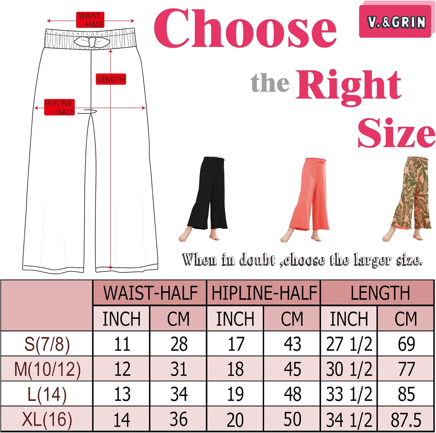V.&GRIN Girls Wide-Leg Pants, Pull-On Tie-Waist Stretchy Lounge Pants for Girls 8-16 Years: Clothing