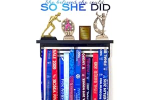 TL TONLOK Trophy and Medal Display Shelf 16.5" Long- Medal Hanger Display with Wooden Trophy Shelf, Medal Holder Display, Race Medal Rack for Girls - She Believed ··· with 50+ (Blue Aurora)