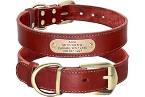 Didog Genuine Leather Dog Collars with Engraved Nameplate, Personalized Soft Leather Dog Collar with Custom ID Tag, Brown/Gre