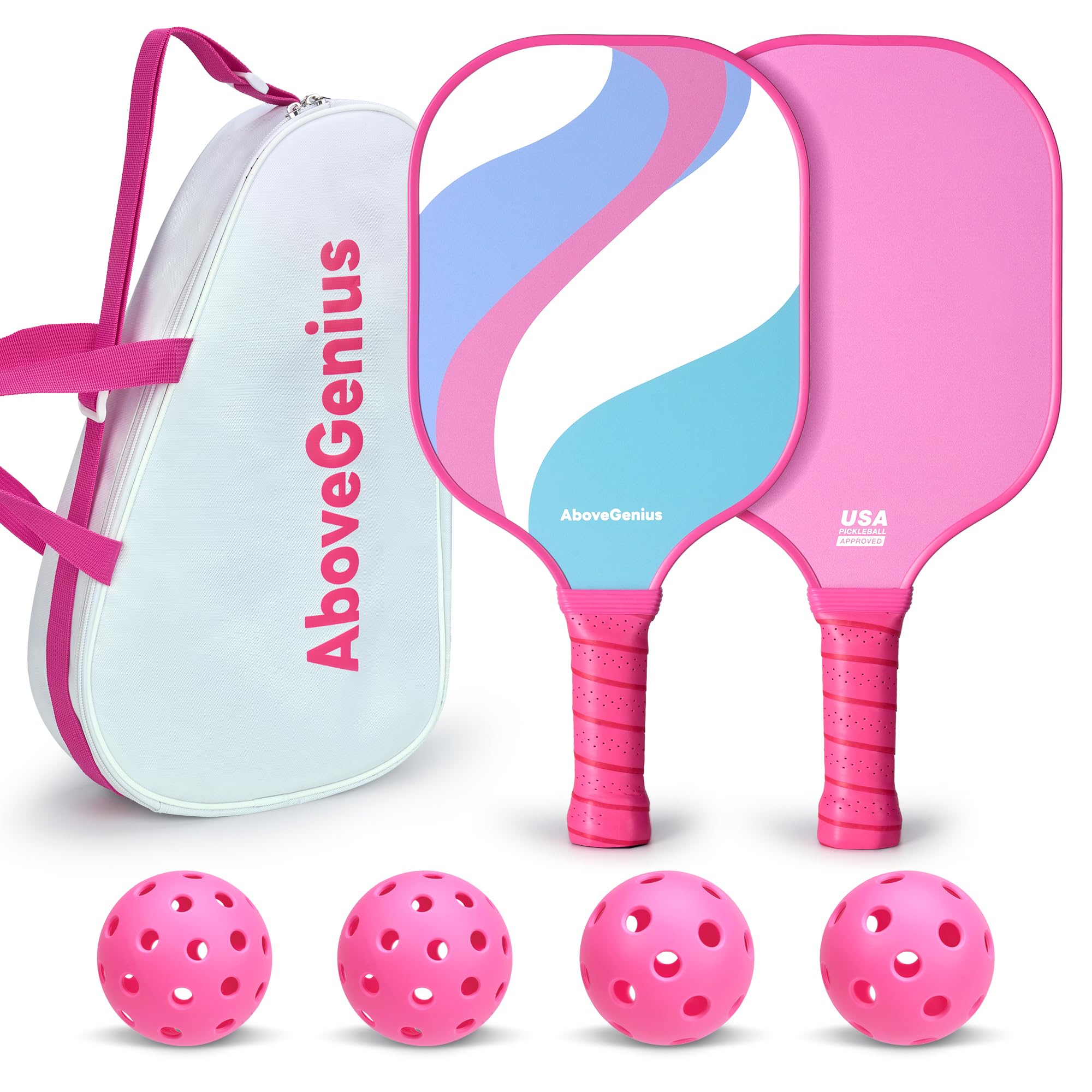 Photo 1 of AboveGenius Pink Pickleball Paddles Set of 2,USAPA Standard Fiberglass Pickle ball Set with 2 Cute Lightweight Pickleball Rackets,2 Indoor&2 Outdoor Balls,1 Carrying Bag,Sport Gift for Women, Beginner