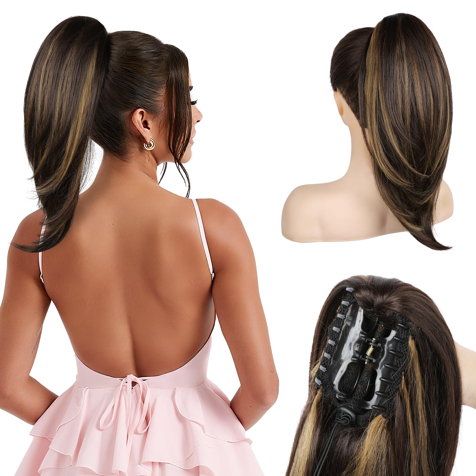 Photo 1 of NTYNTY Ponytail Extension – 16” Claw Clip in Ponytail Hair Extensions Natural Soft Synthetic High Pony Tail Hairpieces for Women, Dark Brown with Highlights