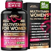 Multivitamin for Women 47in1 - B-Complex, Biotin, D3 &amp; K2, Iron - 90 Caps | Methylated Multivitamin for Women - Whole Foods | Hair Growth Support | Digestion &amp; Metabolism - Bioavailable Forms - 1/Day