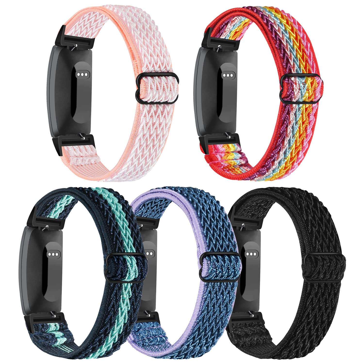 HUYIIO Adjustable Elastic Inspire 2 Straps Compatible with Inspire 2 / Inspire/Inspire HR, Stretch Soft Nylon Sport Breathable Wristband Replacement Women Men (5 Pack)