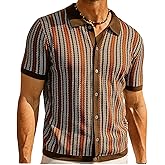 Mens Knit Polo Shirts Vintage Casual Short Sleeve Shirt Golf Button Down Pinstripe Old Money Top