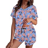 ICNGLKSND Women 4th of July Satin Pajamas 2 Piece Set V Neck Top Elastic Drawstring Waist Shorts Lounge Set Sleepwear