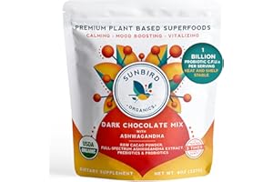 SUNBIRD ORGANICS Chocolate Powder with Organic Ashwagandha Root Extract, Cacao Powder, Probiotics & Prebiotic Fiber. Smoothie Mix and Healthy Hot Chocolate. Everyday Bliss with Focus, Calm & Stress Support.