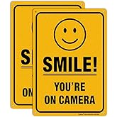 Smile You're On Camera Video Surveillance Sign (2 Pack) - 10 x 7 Inches - .040 Rust Free Heavy Duty Aluminum - Indoor or Outd