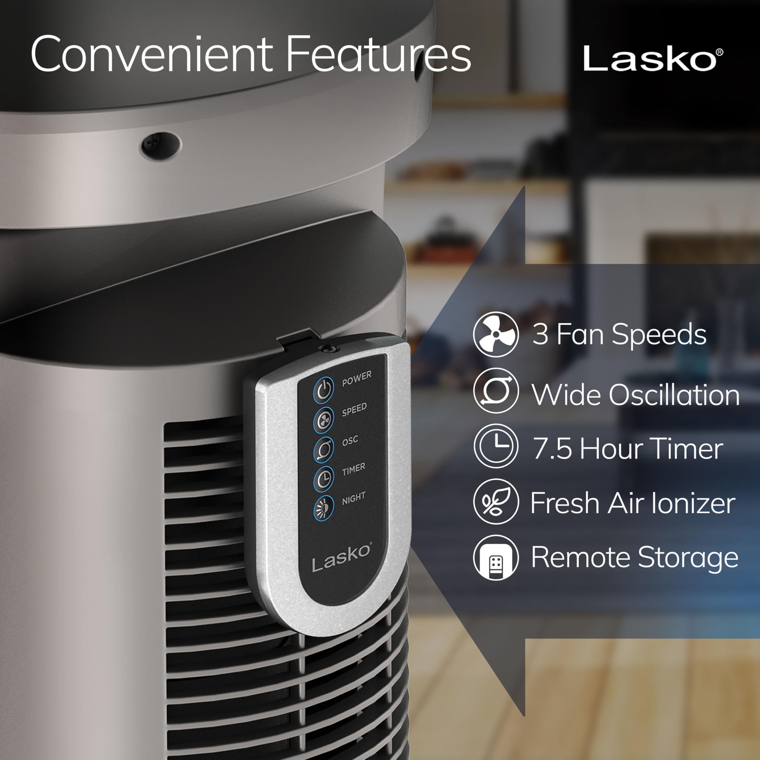 Lasko Oscillating Tower Fan with Remote, Quiet Floor Fans for Bedroom, 42