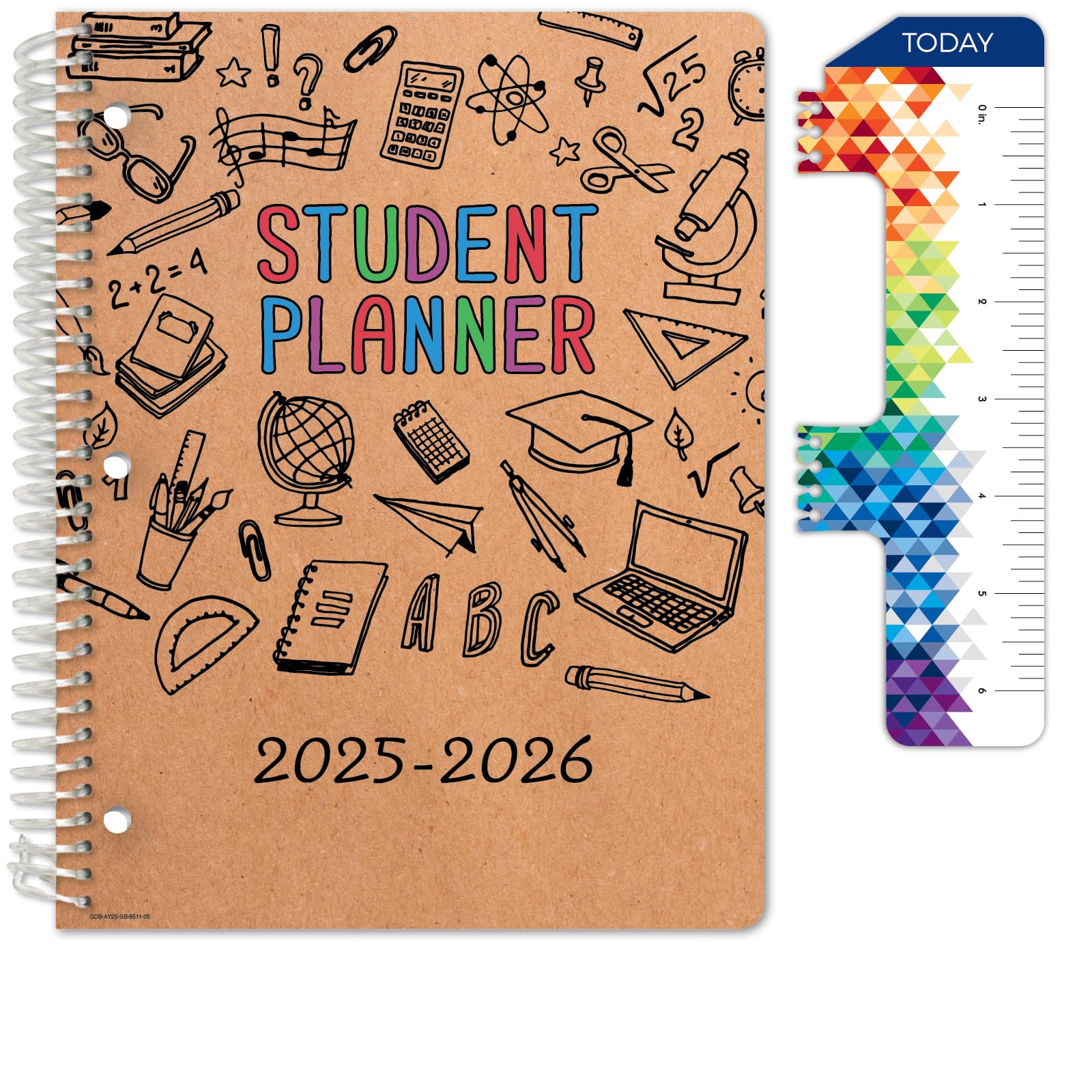 Photo 1 of Global Datebooks Dated Middle School or High School Student Planner for Academic Year 2025-2026 Includes Ruler/Bookmark and Planning Stickers (Block Style - 8.5"x11" - Kraft Doodles)