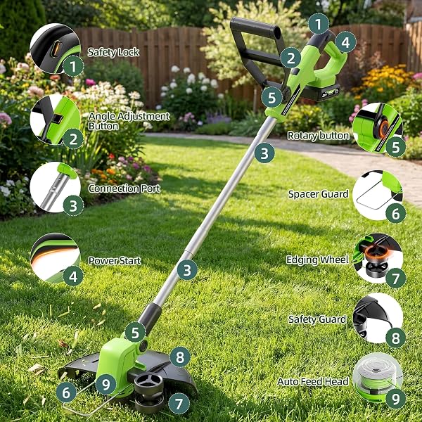21V WEED WACKER CORDLESS & LAWN EDGER, 9000RPM ELECTRIC WEED EATER WITH 2X2.0AH BATTERY, 12″ AUTO LINE FEED STRING TRIMMER WITH 8 PCS SPOOLS, LIGHTWEIGHT EDGER LAWN TOOL FOR YARD, GREEN