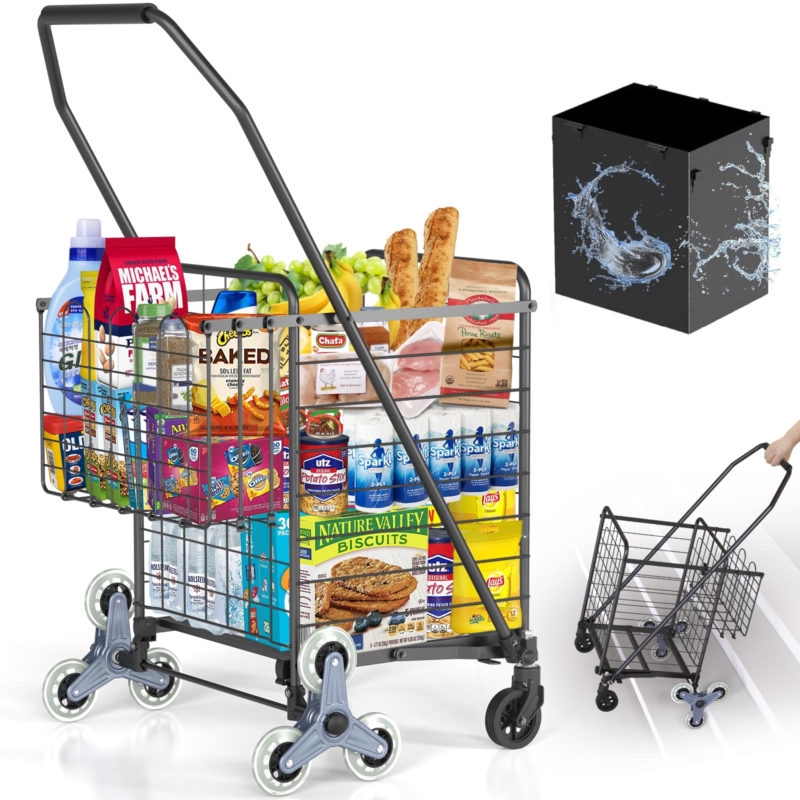 Photo 1 of [Upgrade] Shopping Cart for Groceries, 280 LBS Large Grocery Cart with Waterproof Liner, 360° Rolling Swivel Wheels, Heavy Duty Utility Cart Folding Shopping Carts for Laundry Luggage Gift
