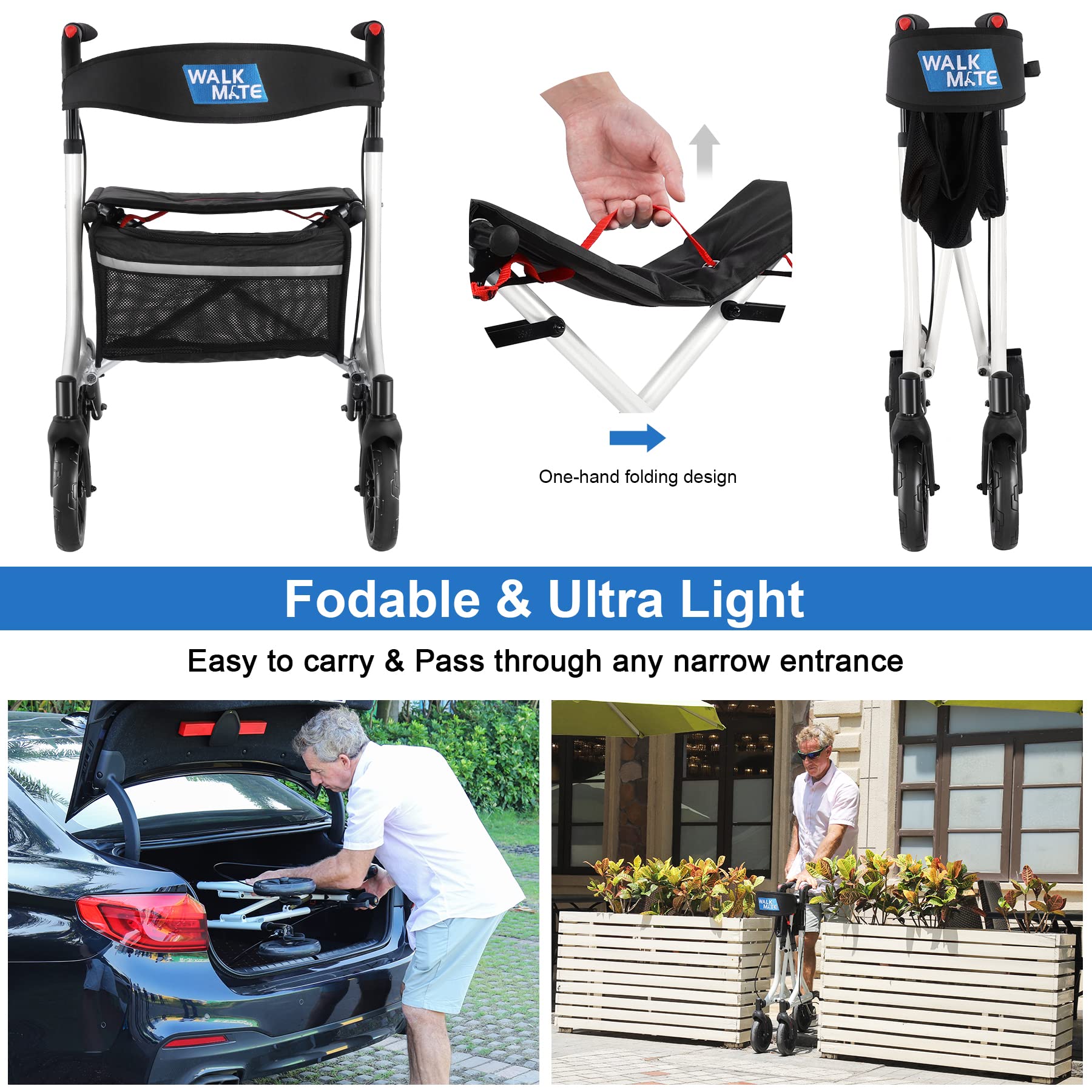 WALK MATE Rollator Walker for Seniors with Cup Holder, Upgraded Thumb Press Button for Height Adjustment, 4 x 8 Wheels Walker with Seat Padded Backrest Folding Lightweight Walking Aid, White