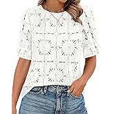 KIRUNDO Lace Tops for Women Blouses Dressy Casual Boho Eyelet Puff Short Sleeve Shirts Spring Summer Clothes Vacation Outfits