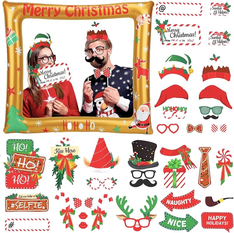 POPOYU Inflatable Christmas Photo Booth with 38 Props for Parties