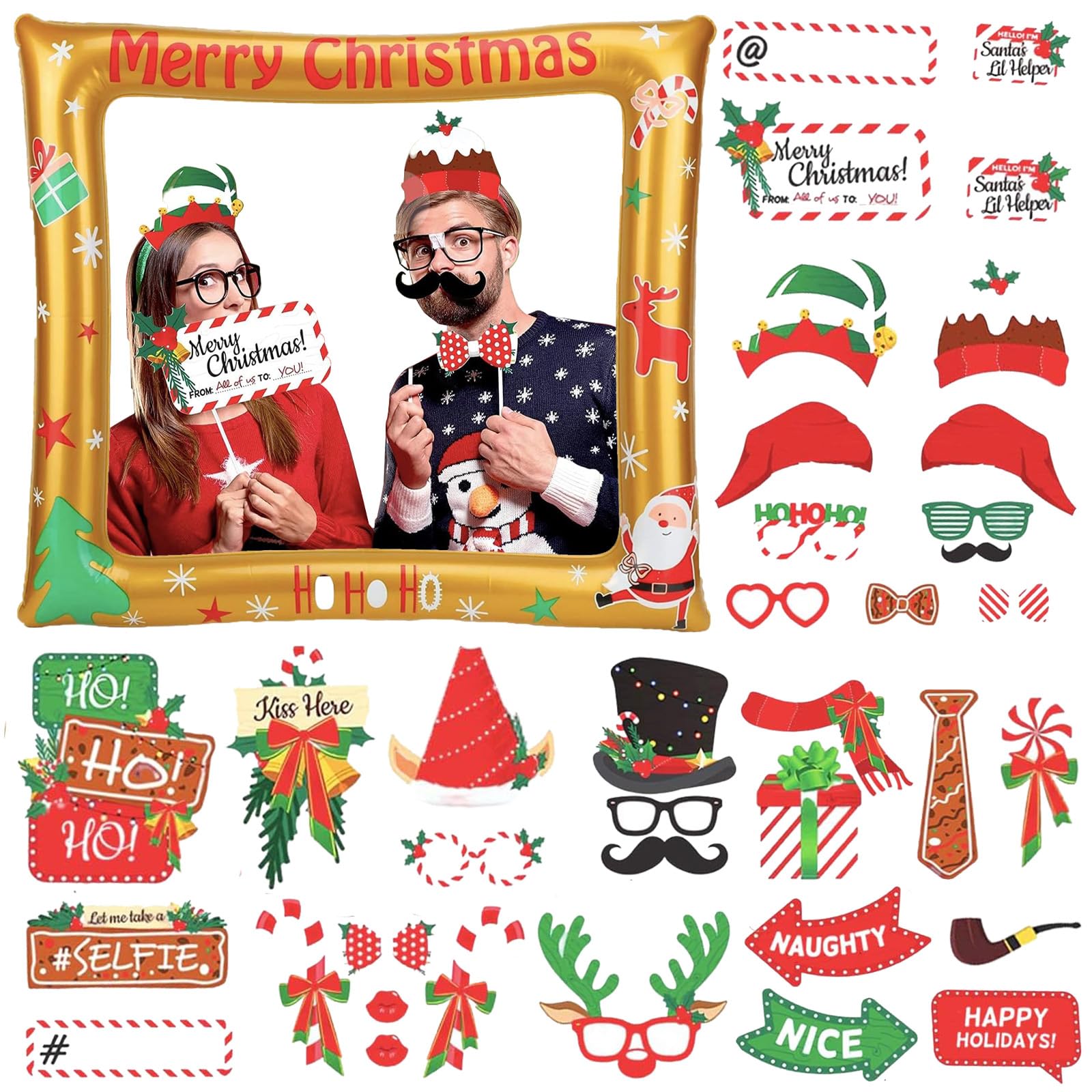 POPOYU Christmas Inflatable Photo Booth with 38Pcs Props Selfie Picture Frame for Family Party,Christmas Party Game Accessories Supply,Giant Celebration Blow Up Prop, Xmas Gold, 10x20cm, color — image 1