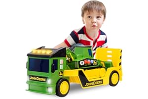 John Deere 2ft Extra Large Mega Mover Dual Joystick Motorized Trucks: Front Loader & Hoe with Trailer, Lights, Sounds Construction Toys for Kids 3+