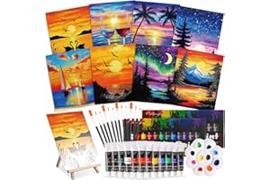 Cholemy 36 Pcs Paint and Sip Kit for Adults 8''x10'' Pre Drawn Canvas for Painting DIY Afro Acrylic Painting Kit Wood Easel Brushes Date Night Bulk for Christmas Party Gifts(Sunset)