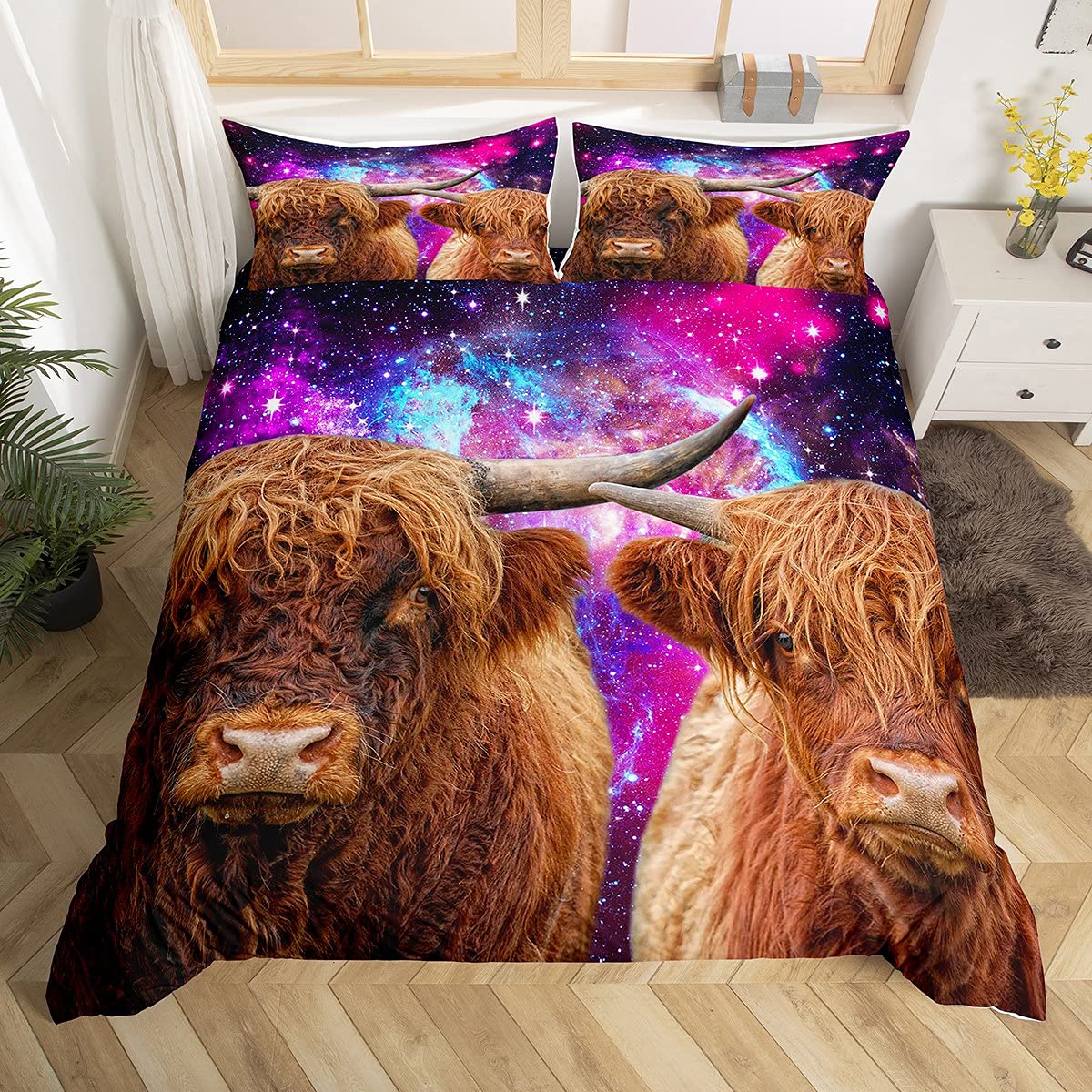 Highland Cow Duvet Cover Set Single Purple Galaxy Cattle Bedding Set 2pcs for Kids Boys Teens Room Decor, Funny Animal Print Comforter Cover Western Cowboy Quilt Cover with 1 Pillowcase