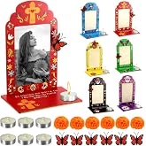 Medium Dia De Los Muertos Decorations Picture Frames, Day of the Dead Altar | 6 Pcs Ofrenda with Marigold Fake Butterfly Candle, Dia De Los Muertos Kit Mini Sugar Skull Mexican Halloween Calaveras Decor