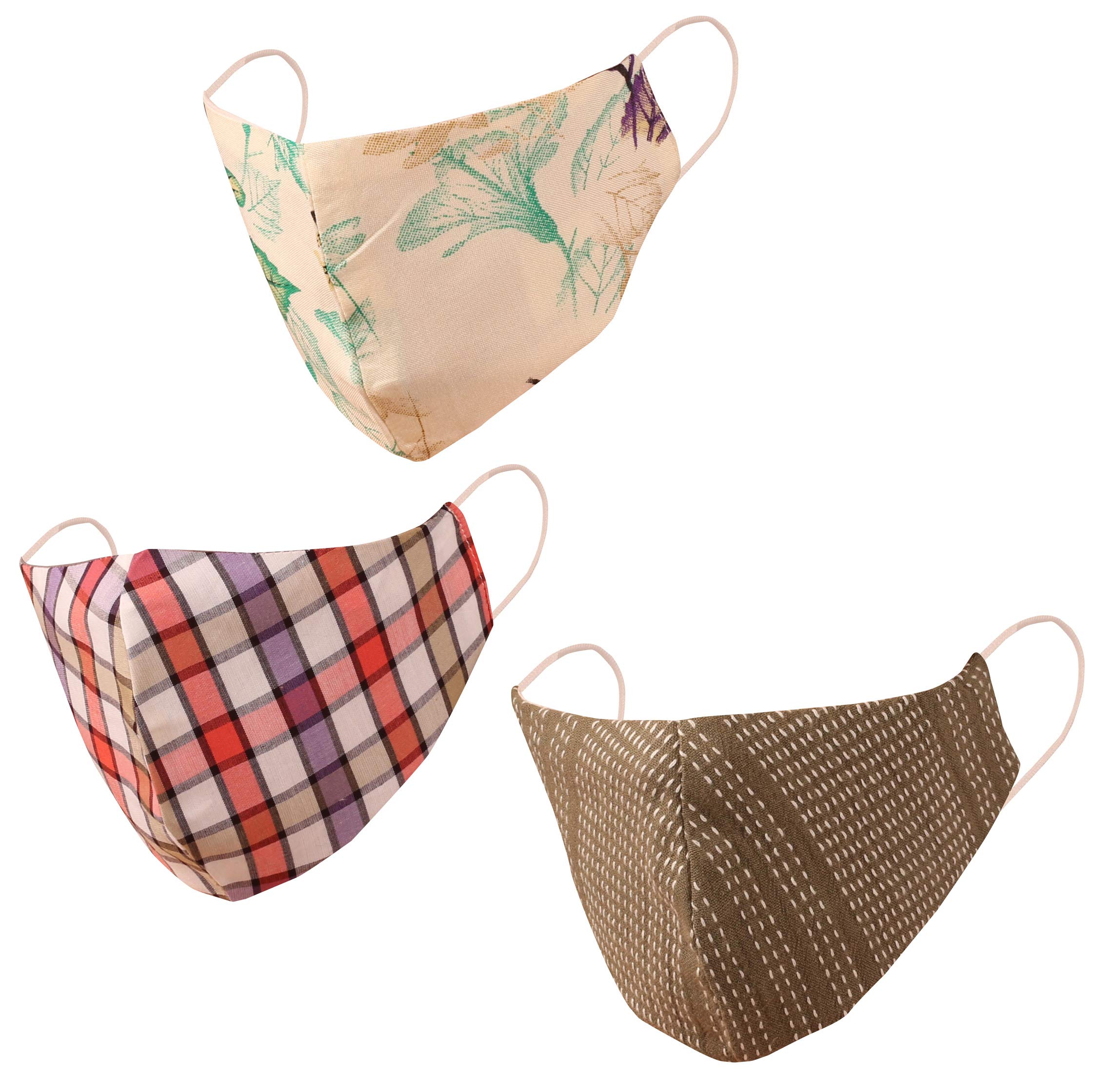 Touchstone Checked Cotton Face Masks Small Size Reusable Washable Handcrafted Double Layer for women, men. (Pack of 3). Green Purple Black