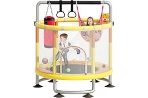 RSXMAX 60" Trampoline for Kids, 5FT Indoor Outdoor Adjustable Gymnastics Bars, Kids & Adults Trampoline with Enclosure Net fo