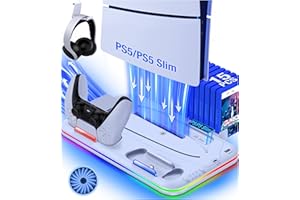EUROA PS5 Stand with Cooling Station and Controller Charging Station for PS5 Slim Disc/Digital Console, for PS5 Accessories-Cooling Fan, RGB Light, Headset Holder, 15 Game Slot for Playsation 5, White