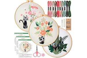 CDThinkingU Beginners Embroidery Kit for Beginners - 3 Set Stamped Embroidery Starter Kits with Stamped Cat Pattern, Fabric Hand Crafts, Hoop, Needle, Women Sewing Hobby