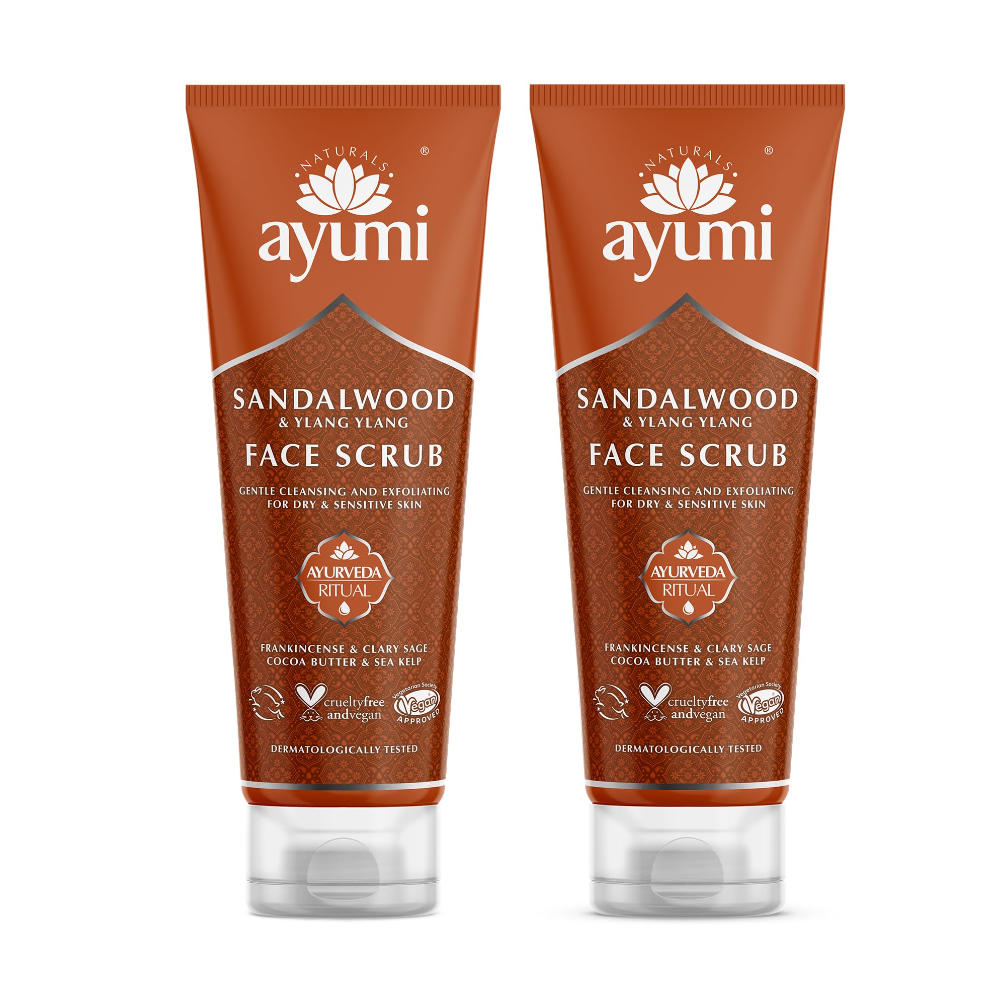 Ayumi Sandalwood Face Scrub | Dry Skin Exfoliating Face Scrub | Black Head Remover for Face with Sea Kelp | Dull Skin Face Exfoliator Scrub | Aromatic FaceScrub for Women & Men | 2x125 ml