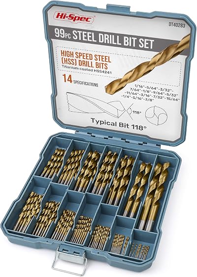 Hi-Spec 99pc HSS Drill Bit Set 1–10mm Titanium Coated Metal Wood Plastic