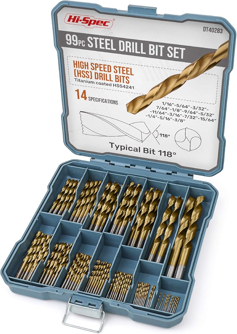Hi-Spec 99pc HSS Drill Bit Set 1–10mm Titanium Coated Metal Wood Plastic